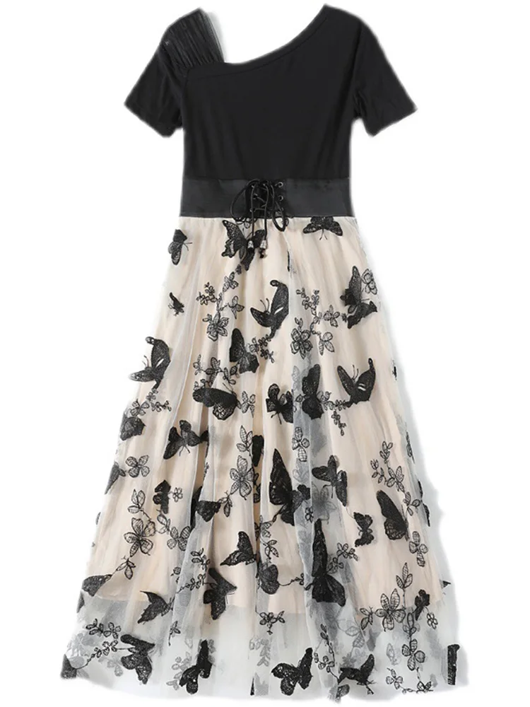 

Fake 2 in 1 Dress 2021 Summer New Patchwork and Mesh Embrodiery Dresses Women Street Fashion Dress