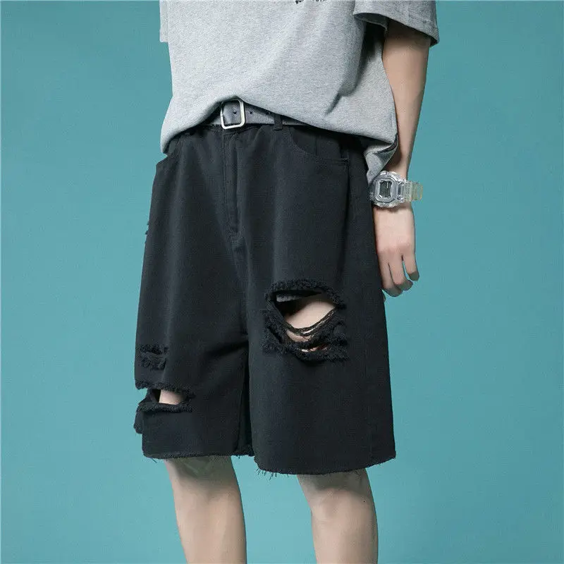 

Ripped Denim Shorts Loose Straight Leg Wide-leg Five-point Pants Washed Printed Jeans Casual Summer Clothes Hiphop Streetwear