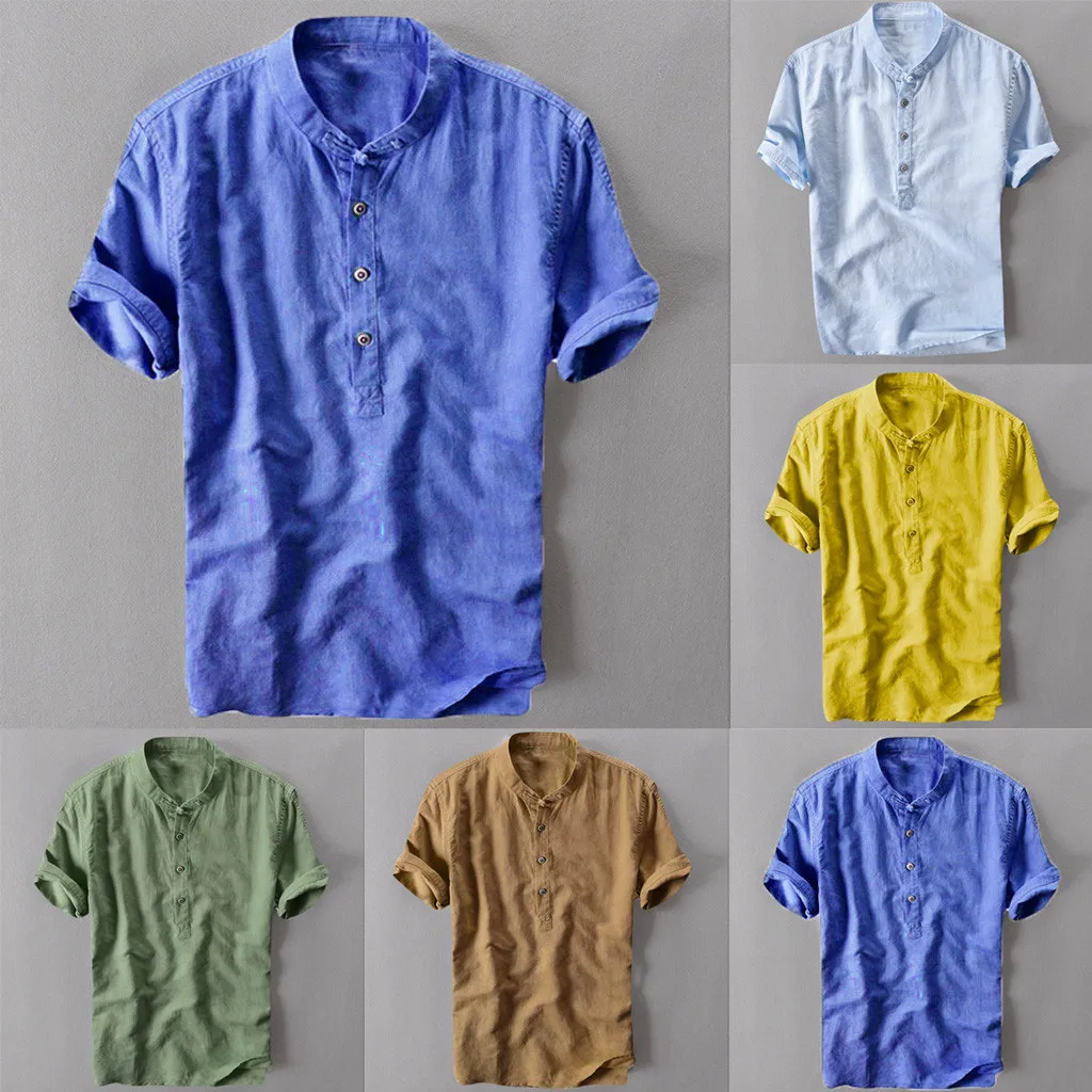 

Fashion Men's Shirts Hawaiian Button Casual Linen and Cotton Short Sleeve mens Top Blouse Shirt Summer Couple Dress Shirts men