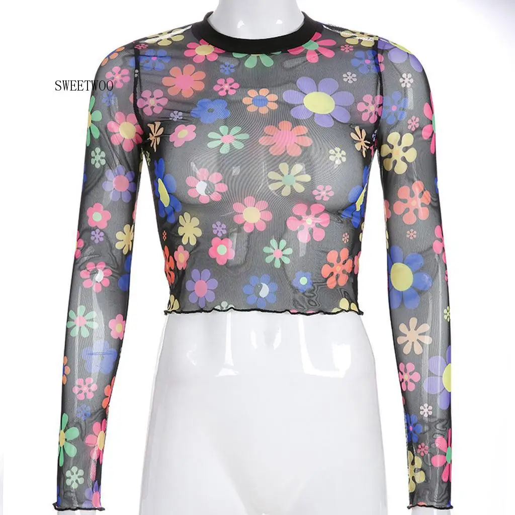 

Women Sexy Floral Sheer Mesh See Through Crop Shirts Tops Club Short Sleeve T-shirt