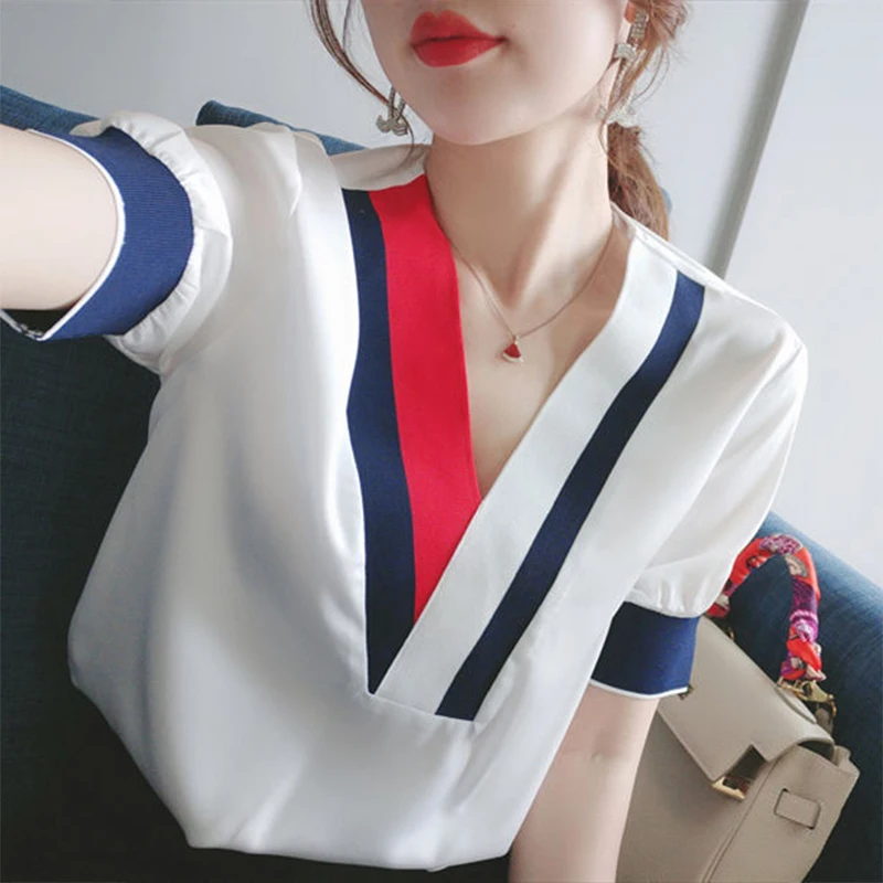 Women's Spring Summer Style Chiffon Blouses Shirt Elegant V-Neck Patchwork Korean Casual Tops DD9031 | Женская одежда