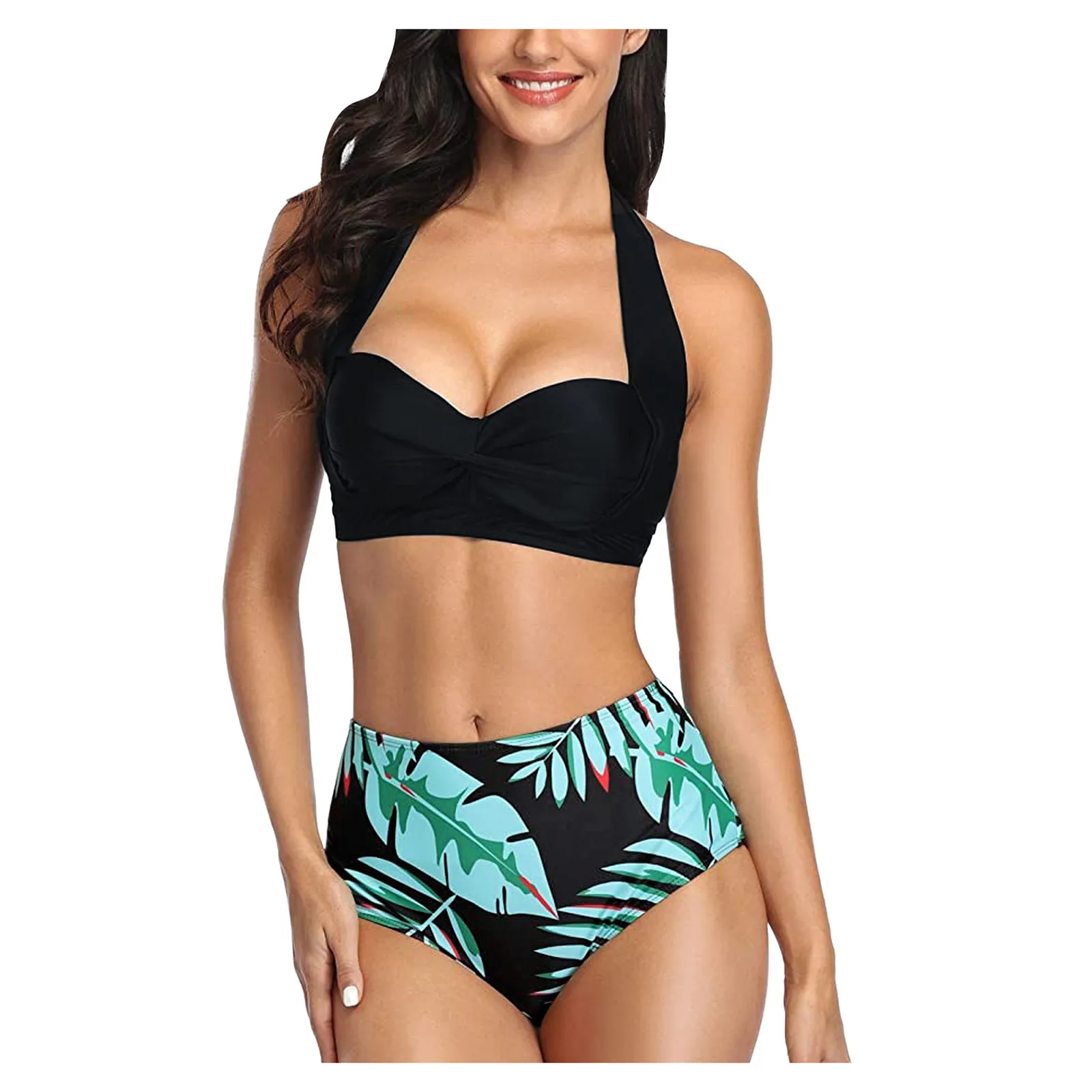 

Women Vintage Bandeau Biquini Swimsuit Two Piece Retro Halter emale Bathing Suit Push Up Ruched High Waist Print Bikini #4