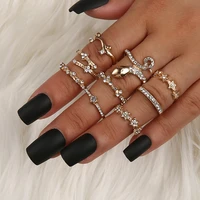 9 pcsset bohemian gold crystal geometric snake heart flower ring set women charm joint rings party wedding jewelry