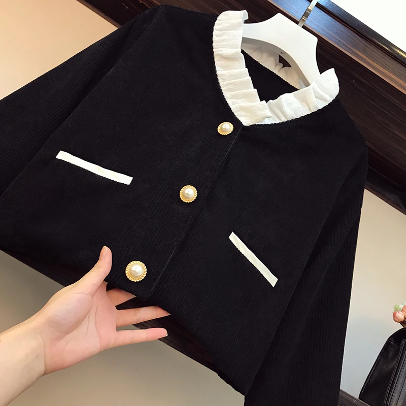 Plus Size 4XL Women Corduroy Black Suit Pearl Buttons Jacket Coat Top And Pleated Skirt Two Piece Set Outfit Winter Clothing |