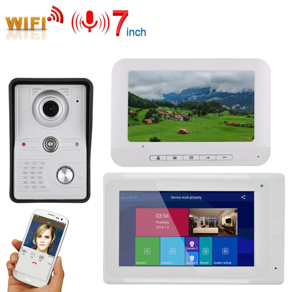 

7" 2 Monitors Video DoorPhone Doorbell Intercom Wired /Wireless Wifi System with IR-CUT HD 1000TVL Wired Camera Night Vision,Su