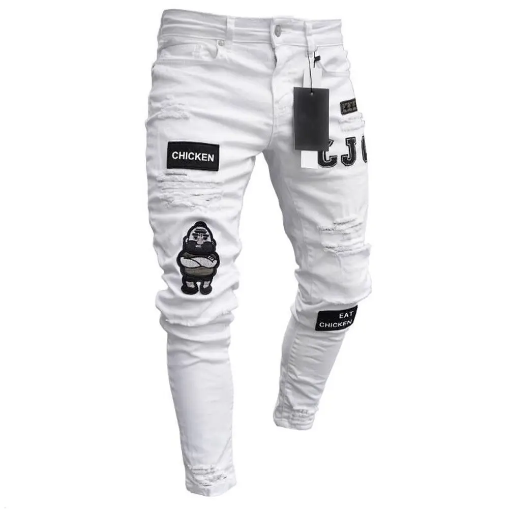Styles Men Stretchy Ripped Skinny Biker Embroidery Print Jeans Destroyed Hole Taped Slim Fit Denim Scratched High Quality Jean distressed ripped slim fit jeans mens washed destroyed skinny denim pants fashionable streetwear blue hole biker jean for men