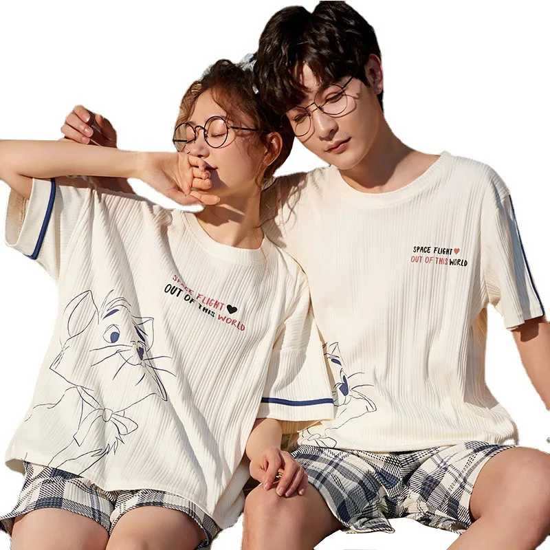 

Lovers pajamas summer thin short sleeve shorts women cartoon cute comfortable men can wear home suit