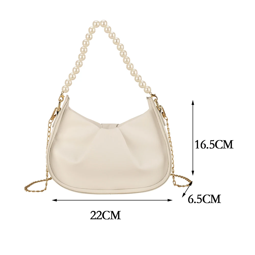 

Vintage Women PU Leather Solid Color Pleated Shoulder Crossbody Messenger Bags Casual Ladies Pearl Chain Top-handle Mini Handbag