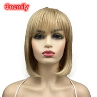 onemily short bob heat resistant synthetic hair wigs for women girls with neat bangs party evening out fun golden blonde