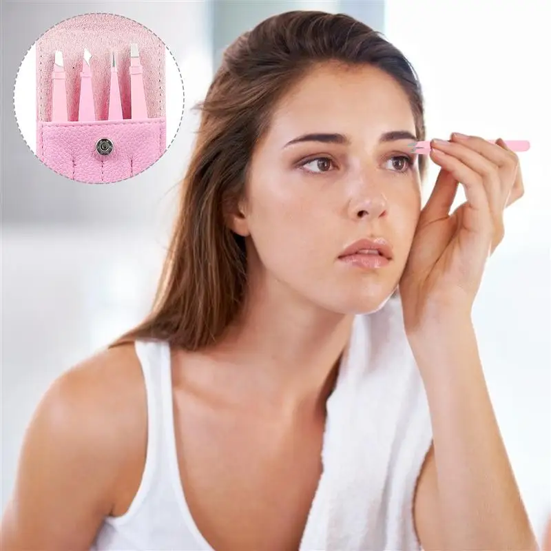 

4pcs Eyebrow Tweezers Kit Stainless Steel Eyebrows Clips with Storage Bag