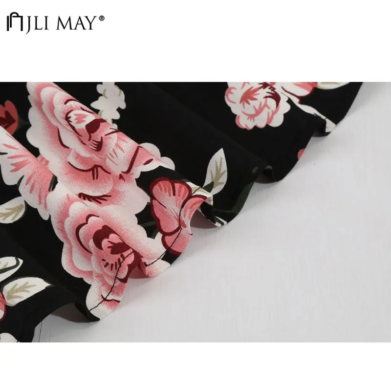 

JLI MAY Vintage Floral Print Dresses V-Neck Short Sleeve Empire A-Line Knee-Length Slim Elegant Summer Women Dress