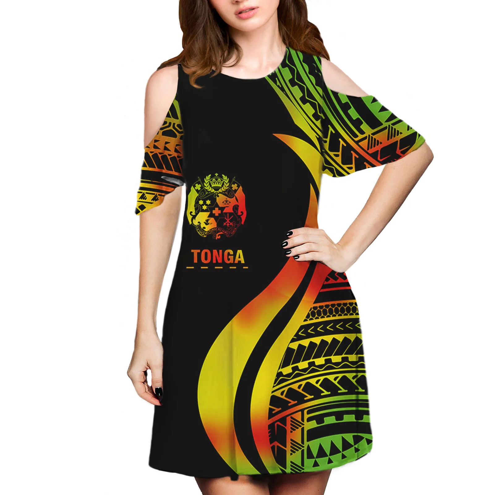 

Low Price Custom Tonga Women's Grace Dress Polynesia Traditional Tribal Stripes Print Ladies Rasta Color Leakage Shoulder Dress