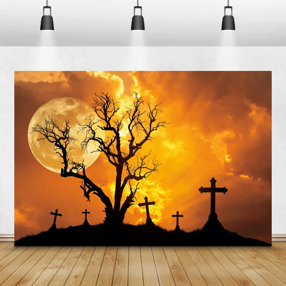 

Happy Halloween Photography Backdrop Sunset Scenery Tombstone Old Tree Family Photocall Background Child Portrait Photo Studio