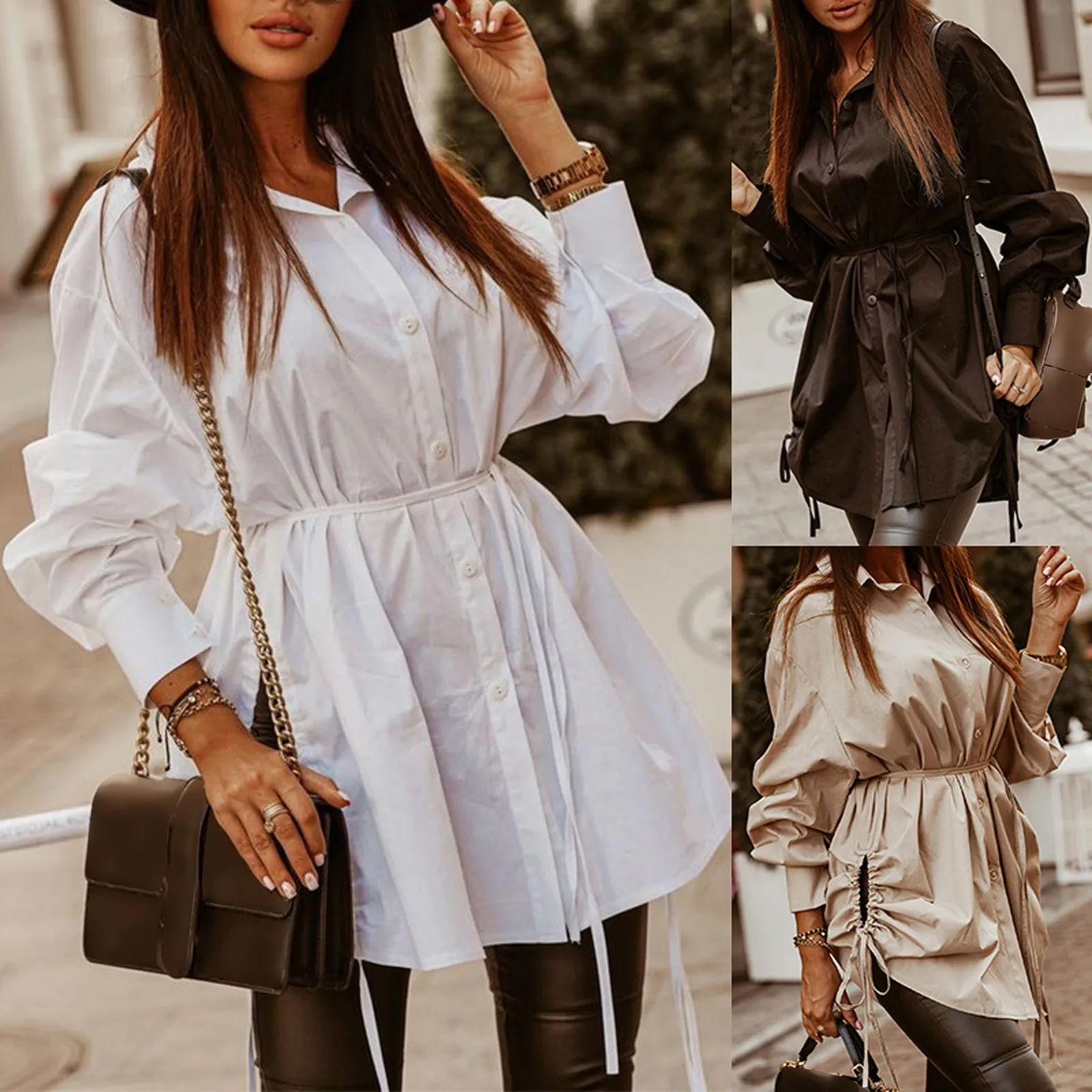 

Ladies Fashion Casual Mid-length Solid Color Lantern Sleeve Button Shirt Tunic Dress Autumn And Winter Top