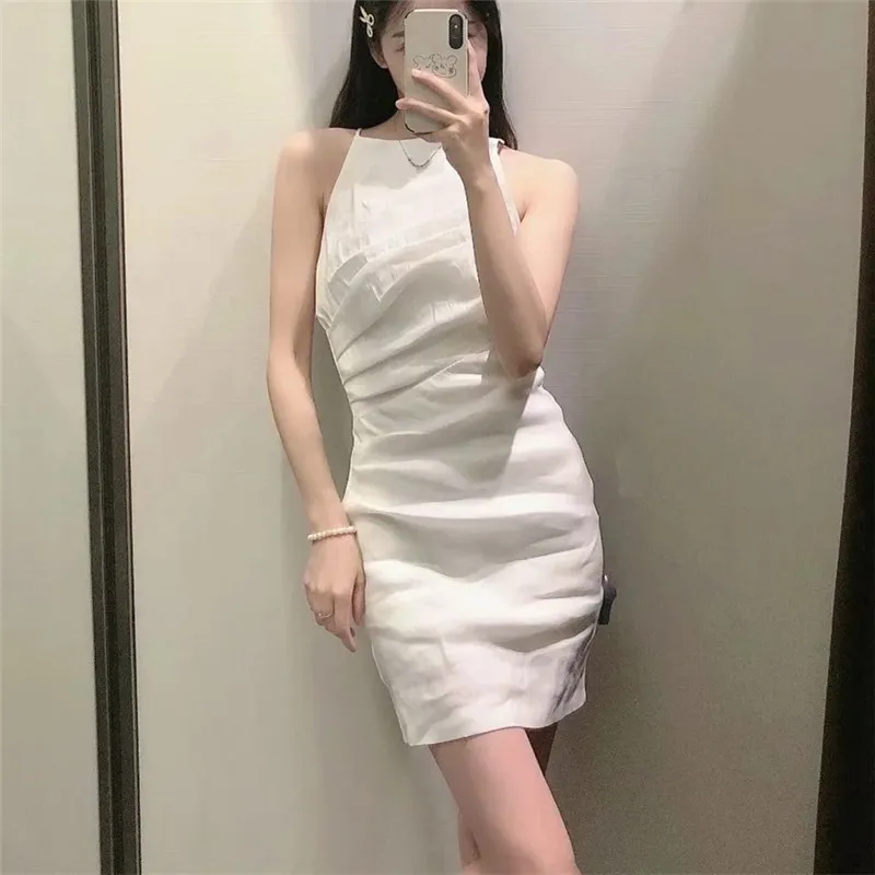 

Za 2021 White Dress Women Ruched Dresses Woman Sexy Slip Backless Dress Elegant Slim Strap Short Dresses Summer Sundresses
