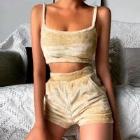 sexy women velvet spaghetti straps camisole crop top micro shorts sports outfit
