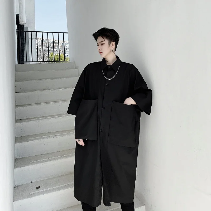 

New Men's Black Loose Casual Long Shirt 3/4 Sleeve Square Collar Single Breasted Top Male F8