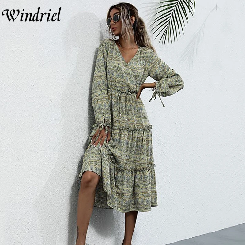 

Maxi Holiday Print Dress Edible Tree Fungus Lace-Up Dress Spring New French Long-Sleeved V-neck With Wooden Ears Vestio