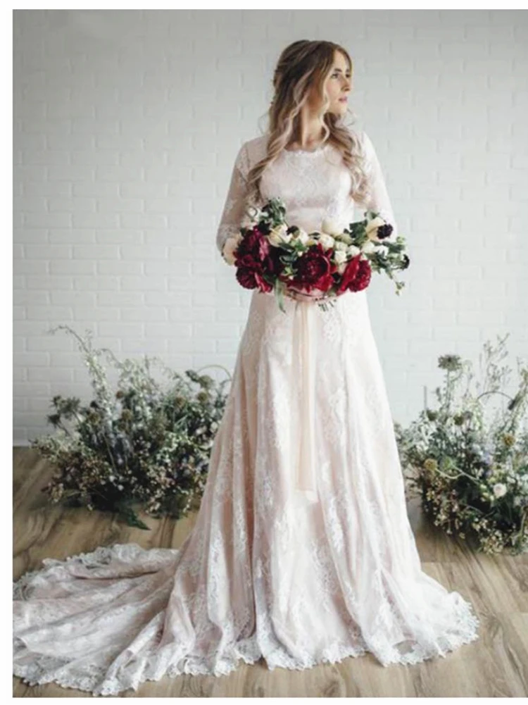 

Modest Design Full Lace Winter Wedding Dress Champgane lining Long Sleeve A Line Long Trail Boho Bridal Gowns vestido de noiva