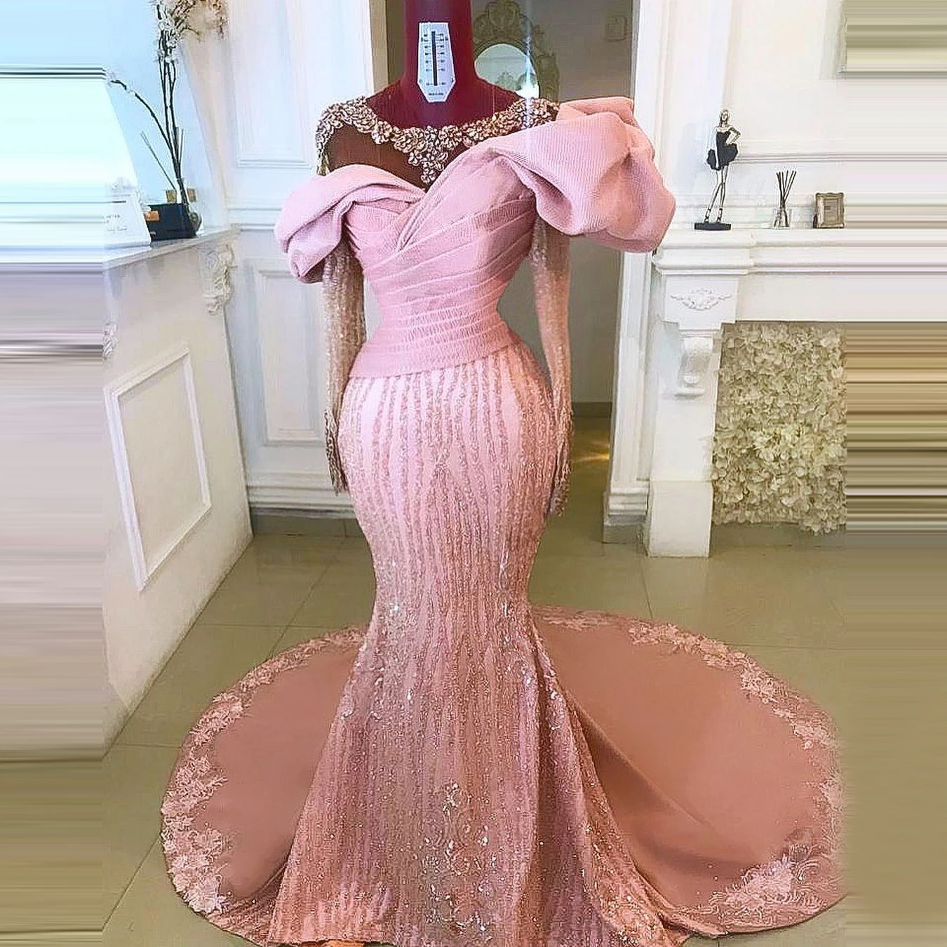 

Luxury Pink Mermaid Prom Dresses Puffy Shoulder Long Sleeves Sequins Crystals Real Image Aso Ebi Women Evening Dressing Gown