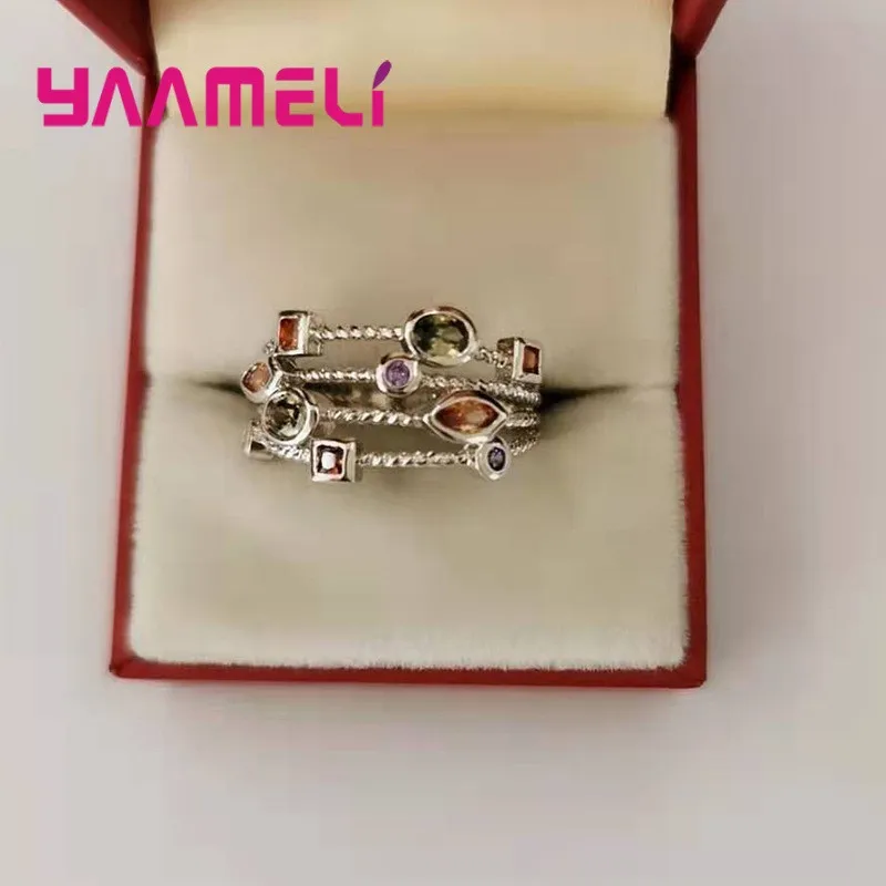 

New Fashion Statement 925 Sterling Silver Jewelry Square Oval Cube Marquise Colorful Cubic Zircon Crystal Women Party Rings