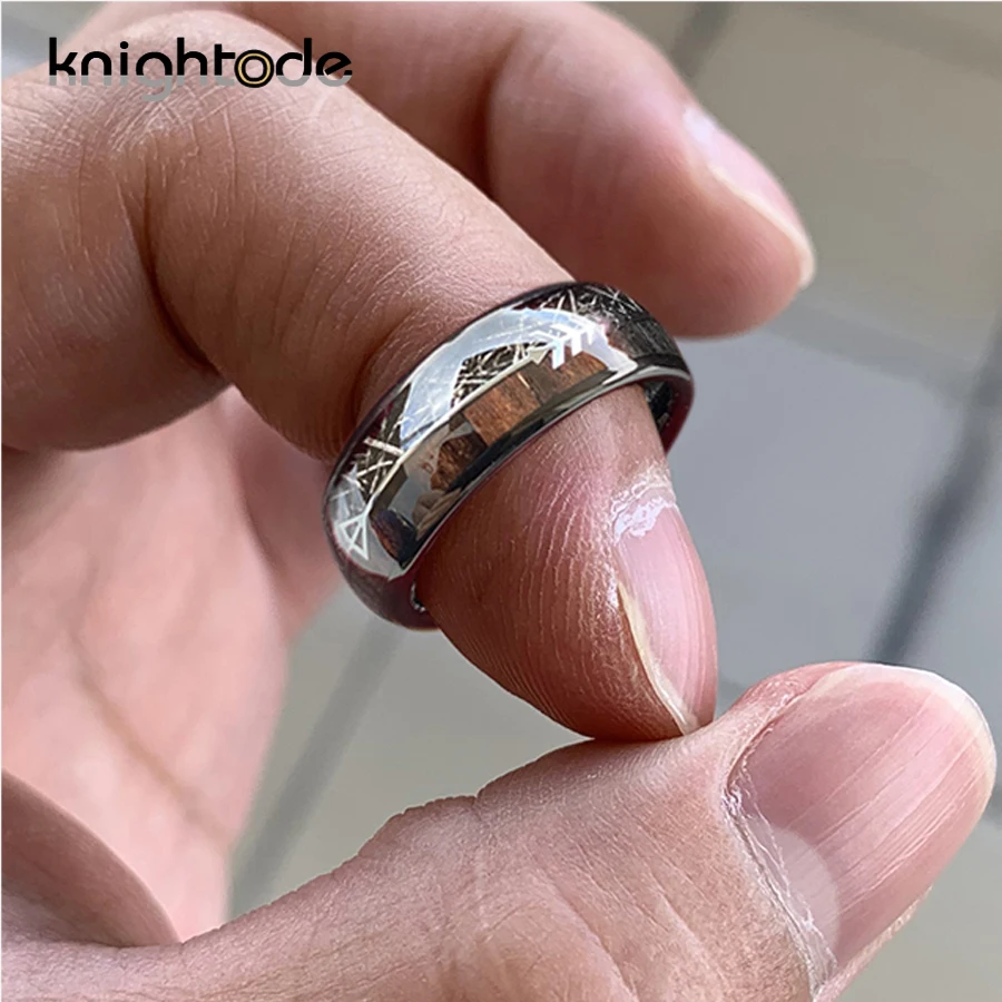 Black Meteorite/Koa Wood Unique Texture Inlay Black Tungsten Carbide Ring For 8mm Men Women Wedding Slivery Arrow Dome Polished