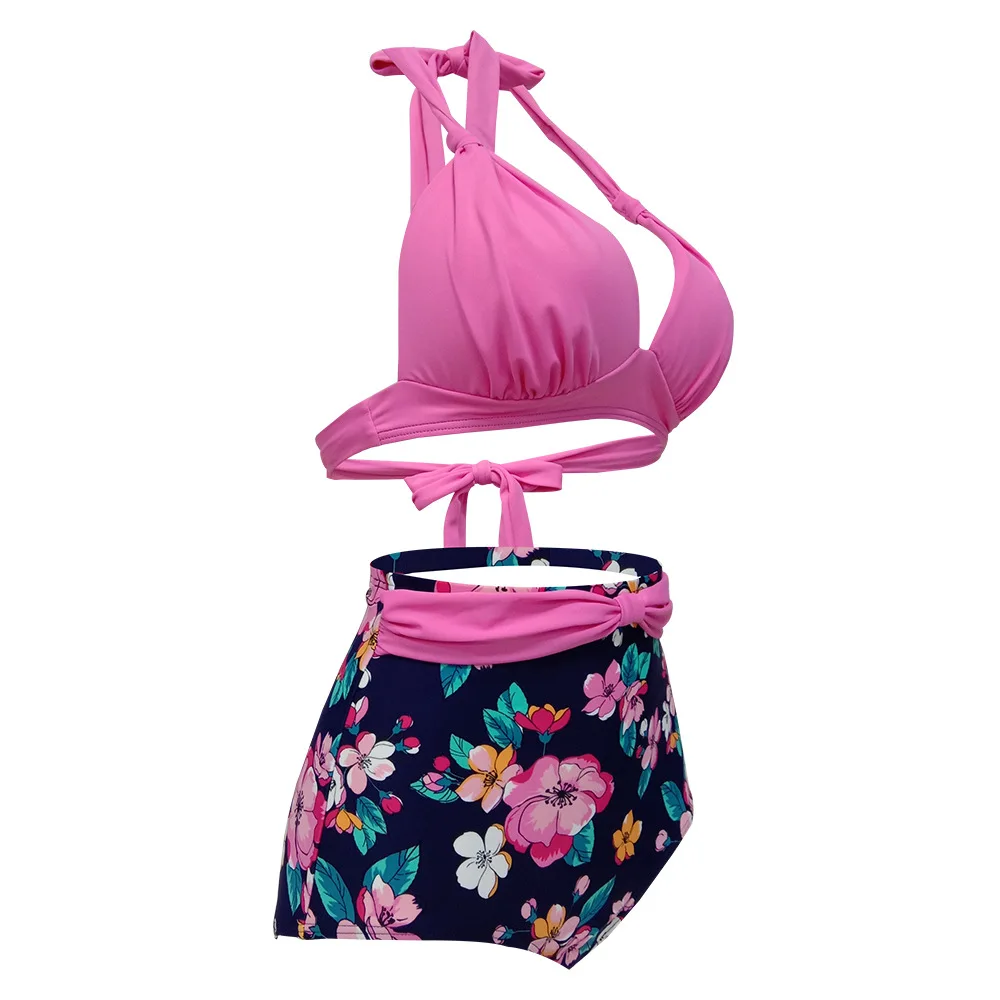 Винтажное бикини плиссированный Розовый Красный однотонный топ с цветочным