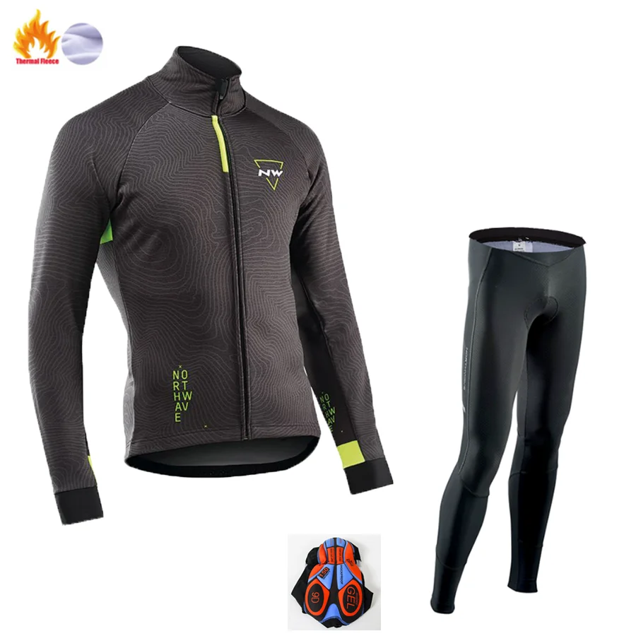 NW North Wave Ciclismo Джерси Pro зимнее Велосипедное снаряжение теплый шерстяной костюм с длинным рукавом набор велосипедных костюмов набор для езды на велосипеде - Цвет: Fleece long sleeve