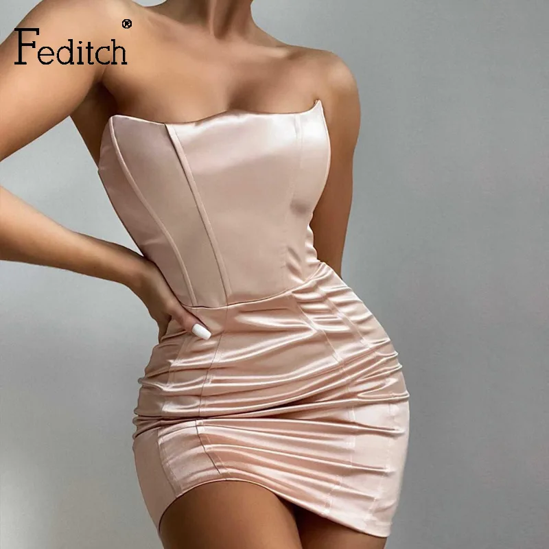 Атласные соблазнительные платья Feditch с рюшами женское облегающее платье без