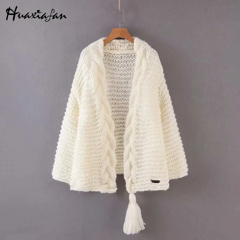 Белый Huaxiafan, свитера с запахом, толстые, длинные, кардифаны, женские свитера, с тесьмой, зимнее теплое пальто, длинные куртки, длинные свитера, женские джемперы, Новинка - Цвет: Белый