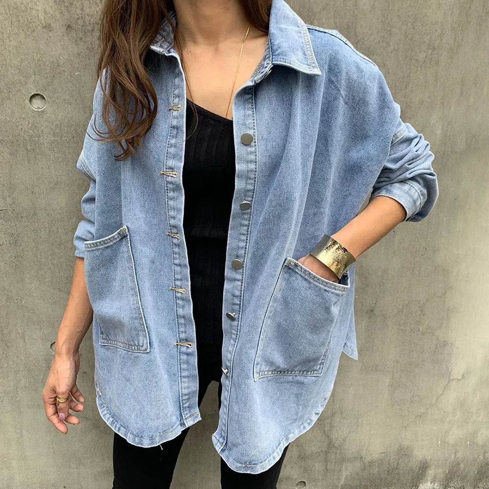 

2021 Fashion Women Casual Loose Denim Style Blue BF Style Jean Coat Long Sleeve Lapel Women's Jacket Spring Autumn Japan Korean
