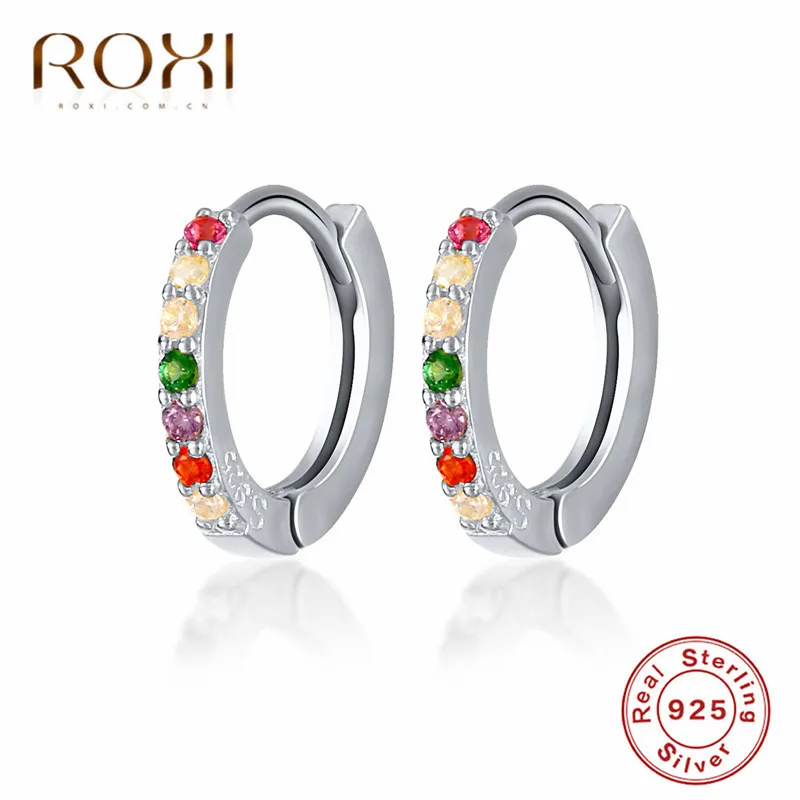 ROXI 100% 925 стерлингового серебра Мини Круглые серьги Радуга CZ гвоздики для женщин