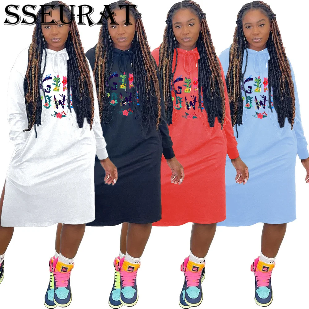

SSEURAT Women Print Long Sleeve Hooded Side Slit Sweatshirt Style Dress Autumn Winter Midi Dresses Vestidos