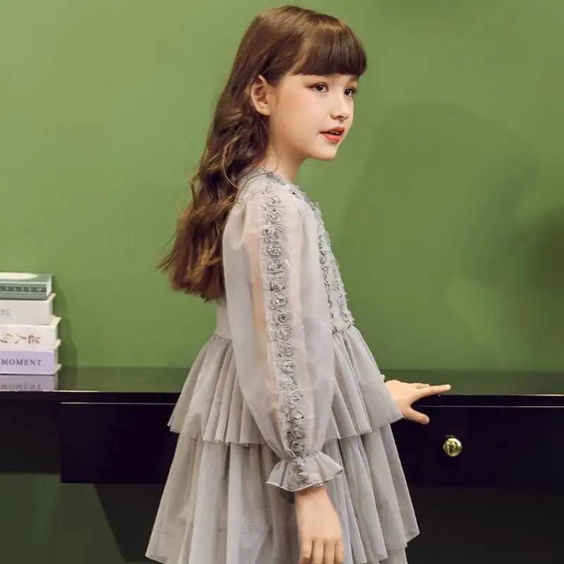 5 To 14 Years Girls Layered Dresses Soft Light Mesh Long Sleeve Mid Length Gowns Children Wedding Birthday Party Dress 2021