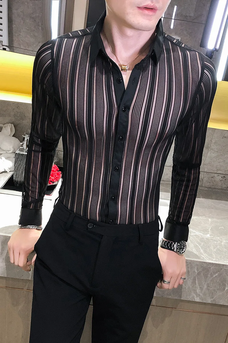 

Spring Autumn Men's Clothing Striped Long Sleeve Shirt British Hollow Top Men's Trendy Korean Slim Four Seasons Lace Shirt