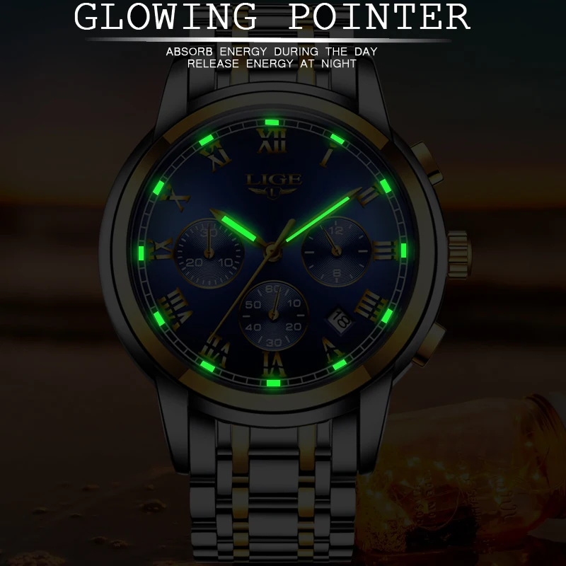 Часы LIGE для мужчин роскошные светящиеся водонепроницаемые аналоговые наручные