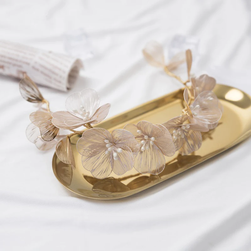 

New Fashion Bride Simple Hair pin Gold Crystal Pearl Flower Braided Long Wedding Headband Ladies Beautiful Hair Accessories