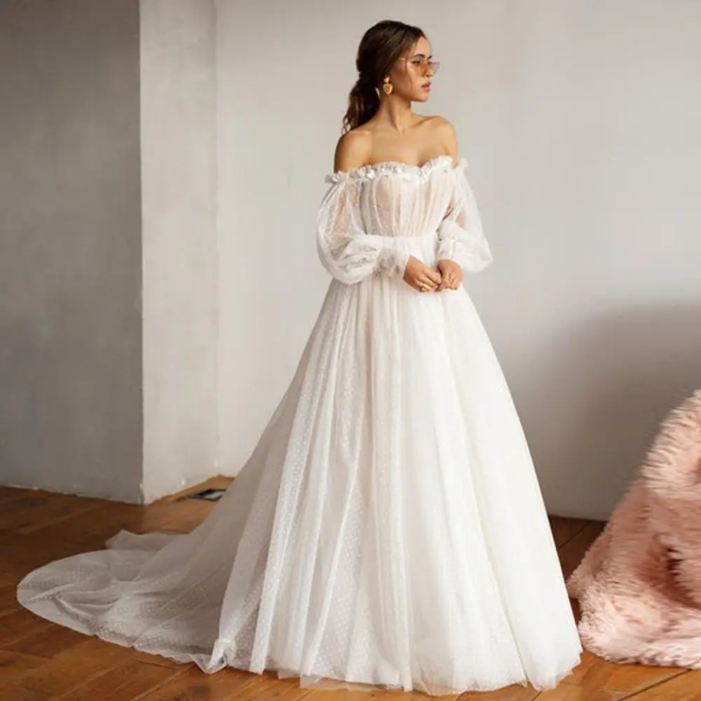 

Charming Wedding Dresses Tulle Pleat Square Collar Full Sleeve Lace Up A-Line Bridal Gowns Novia Do 2021