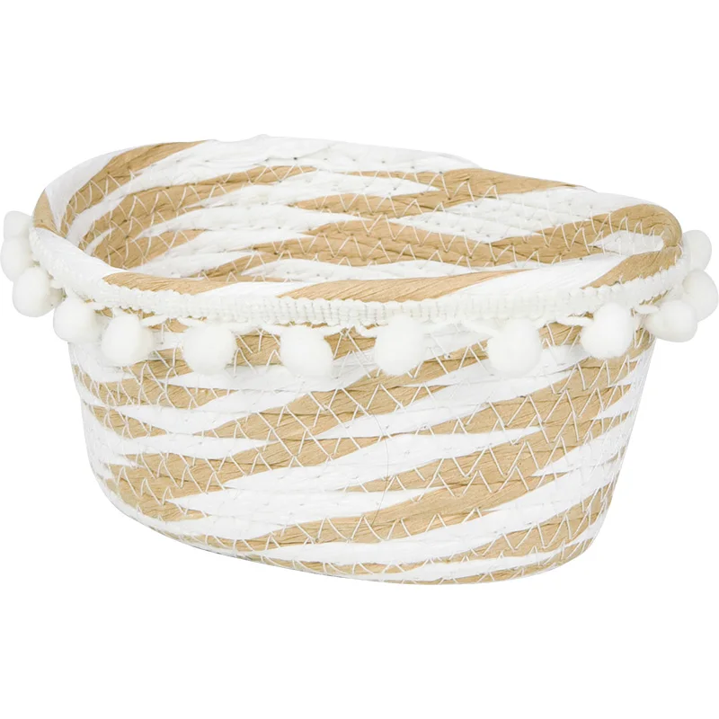 

Creative Decorative Paper String Woven Fur Ball Basket Bedroom Towel Underwear Socks Finishing Desktop Toys round Storage Basket