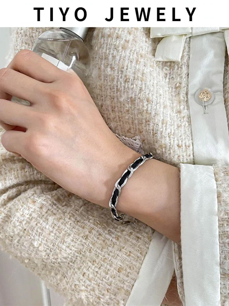 

TIYO Trendy Jewelry Black PU Bracelet 2021 New Design Vintage Temperament Titanium Steel Chain Bracelet For Women Girl Gifts