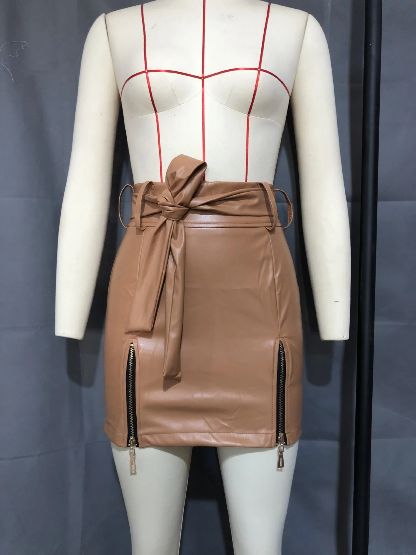 

Zoulv 2021 Women's Leather Skirt Fashion PU Leather Sexy Strappy Zipper High Waist Bag Hip Skirt Elegant Lady Office Short Skirt