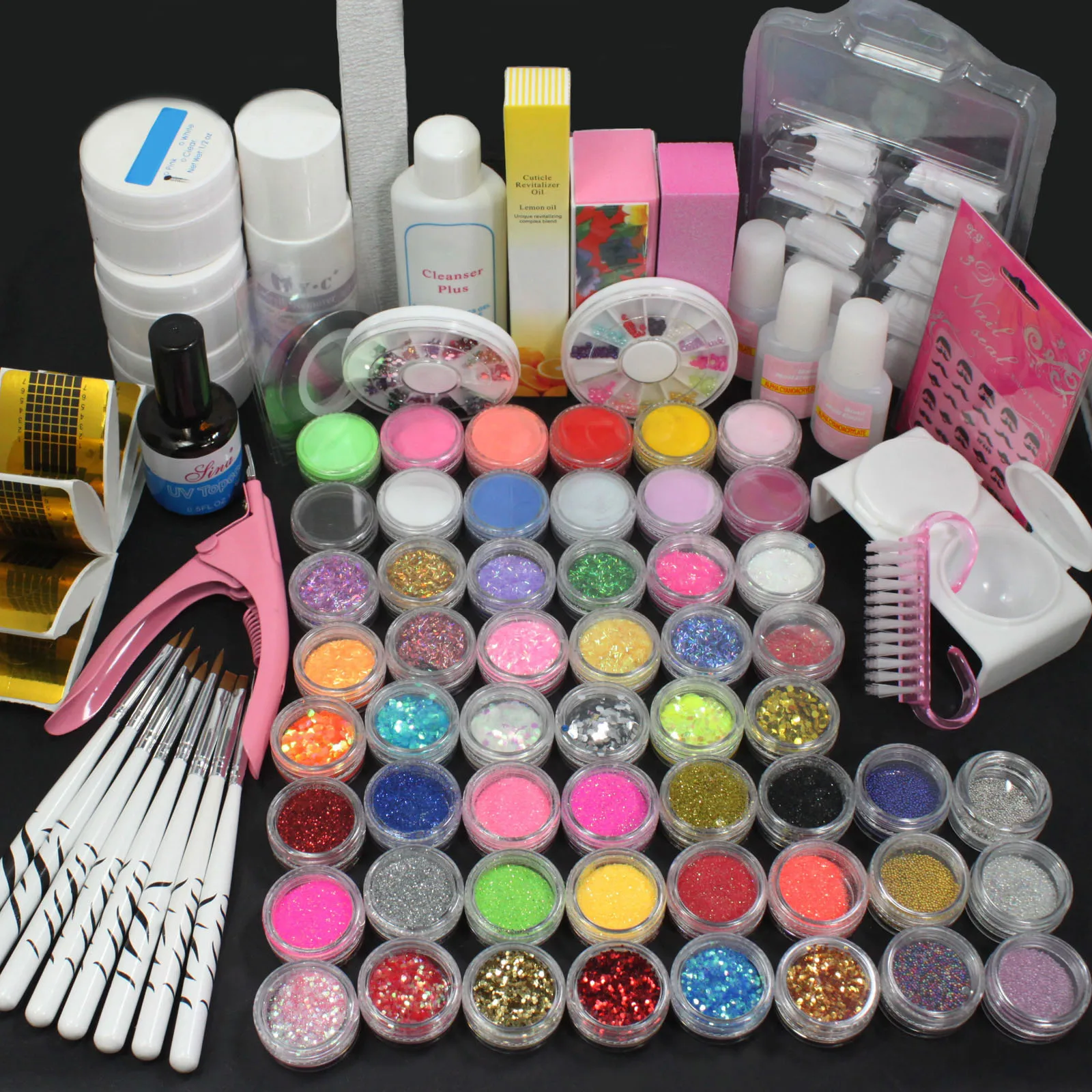 Pro 27in1 Nail Art Brush Glue Glitter Powder Top Coat UV nail Gel Decorations Tools Set #29set