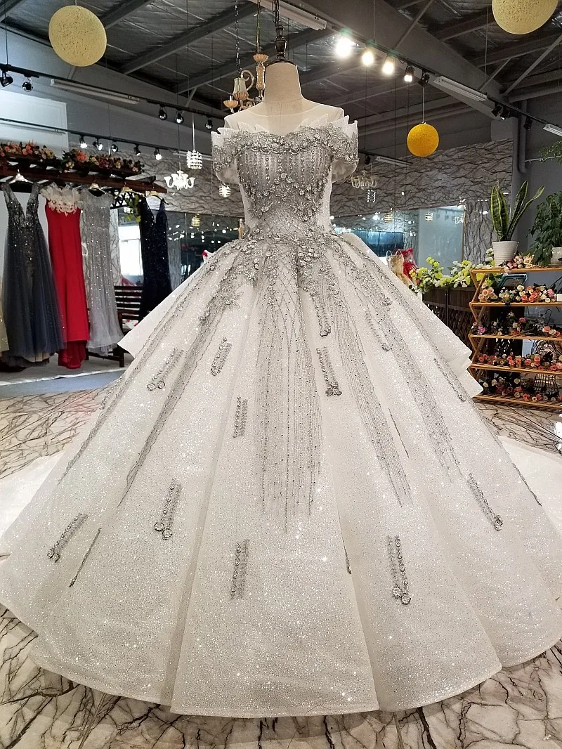 BGW 22029ht Special Short Sleeve Ball Gown Evening Dress Grey Decorations O-neck Dubai Dresses With Long Train For Sexy Mother