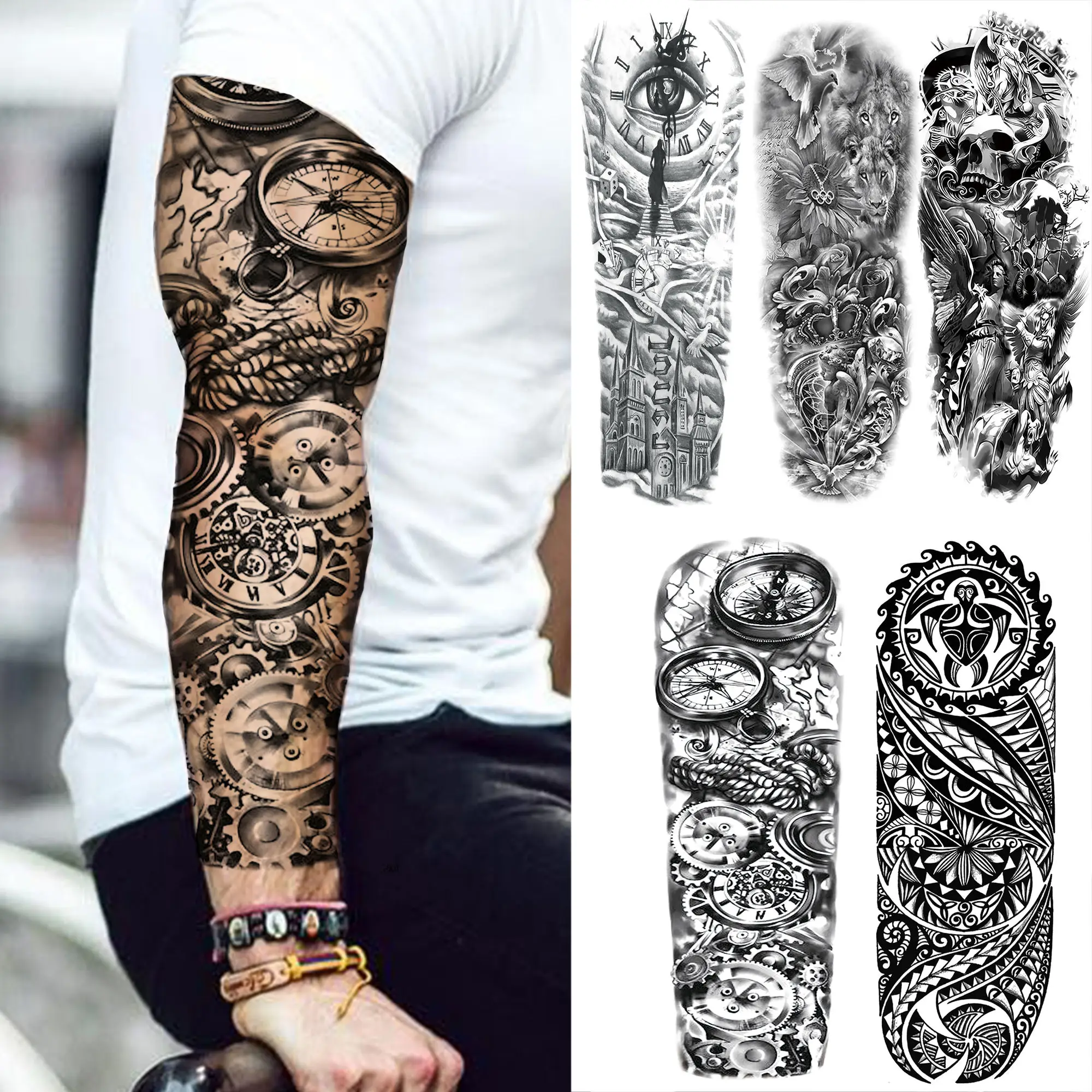 

Compass Robot Arm Temporary Tattoos Sleeve For Men Women Realistic Fake Skull Angel Full Arm Tatoos Maori Totem Tattoo Sticker