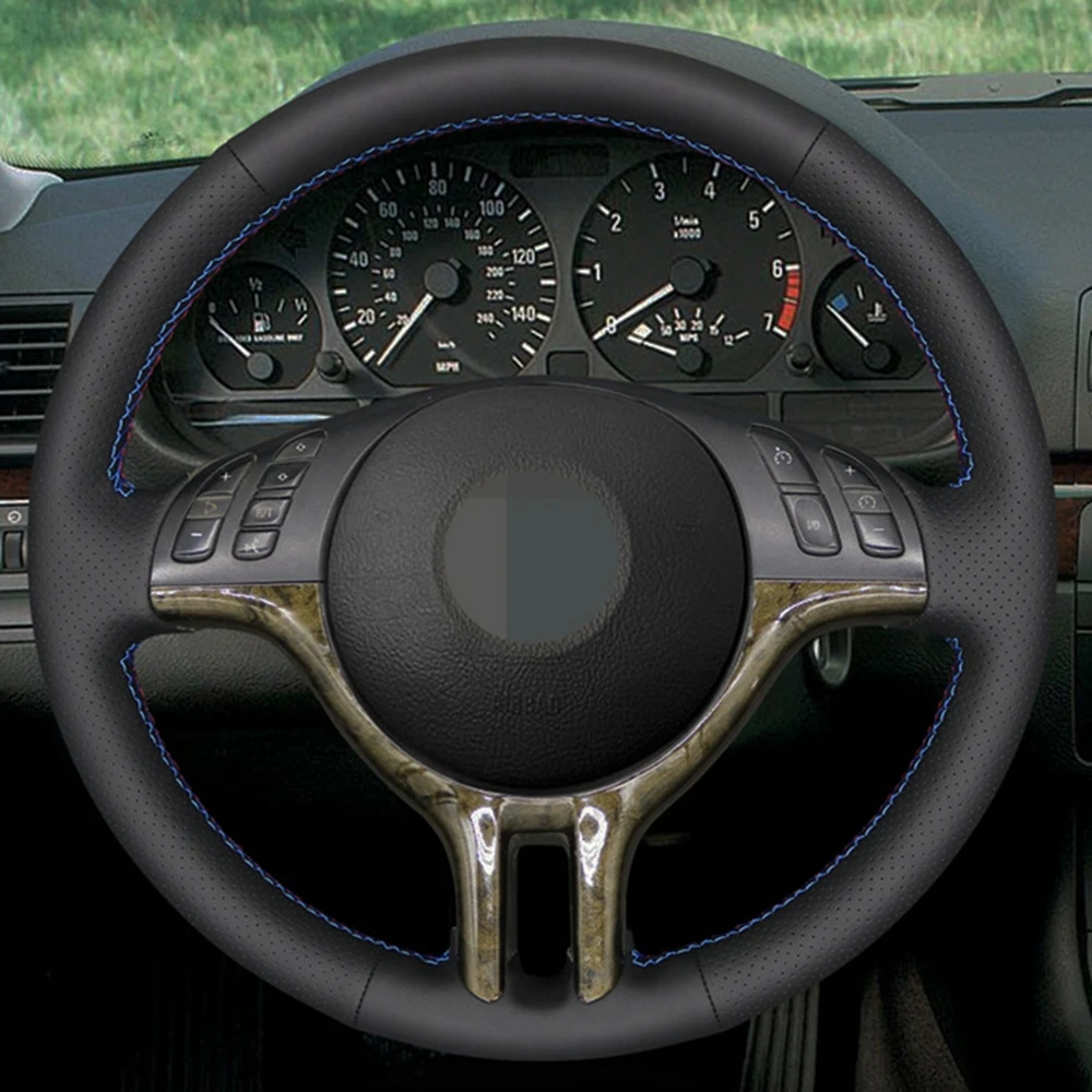 Черный чехол рулевого колеса автомобиля ручной работы из натуральной кожи для BMW