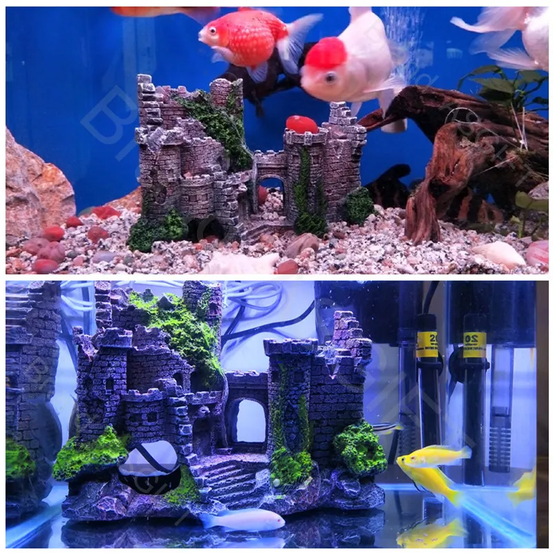 

Aquarium Ancient Castle Decoration Resin Artificial Building Rocks Cave for Aquarium Fish Tank Landscaping Ornament Decor