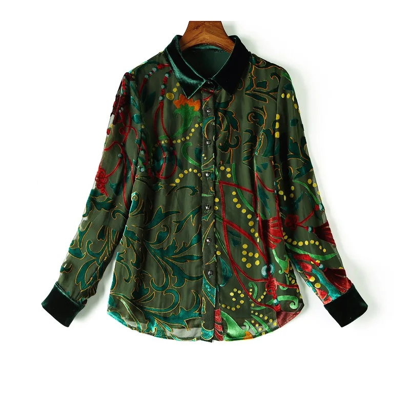 Plus size Shirts 2020 Autumn Winter Blouses Women Turn-down Collar Vintage Print Long Sleeve Casual Velvet Blouses Female 4XL