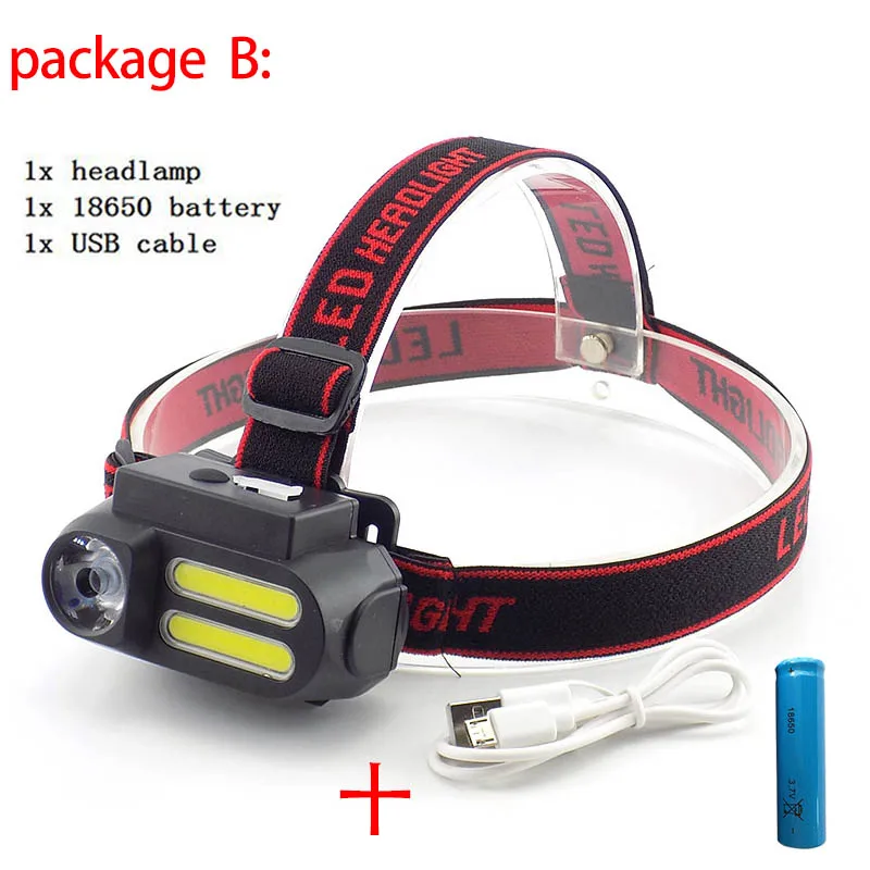 package B 3 Led XPE COB USB Перезаряжаемый налобный светильник 18650 фронтальная Налобная лампа фонарь светильник вспышка светильник для рыбалки кемпинга мощный - Испускаемый цвет: package B