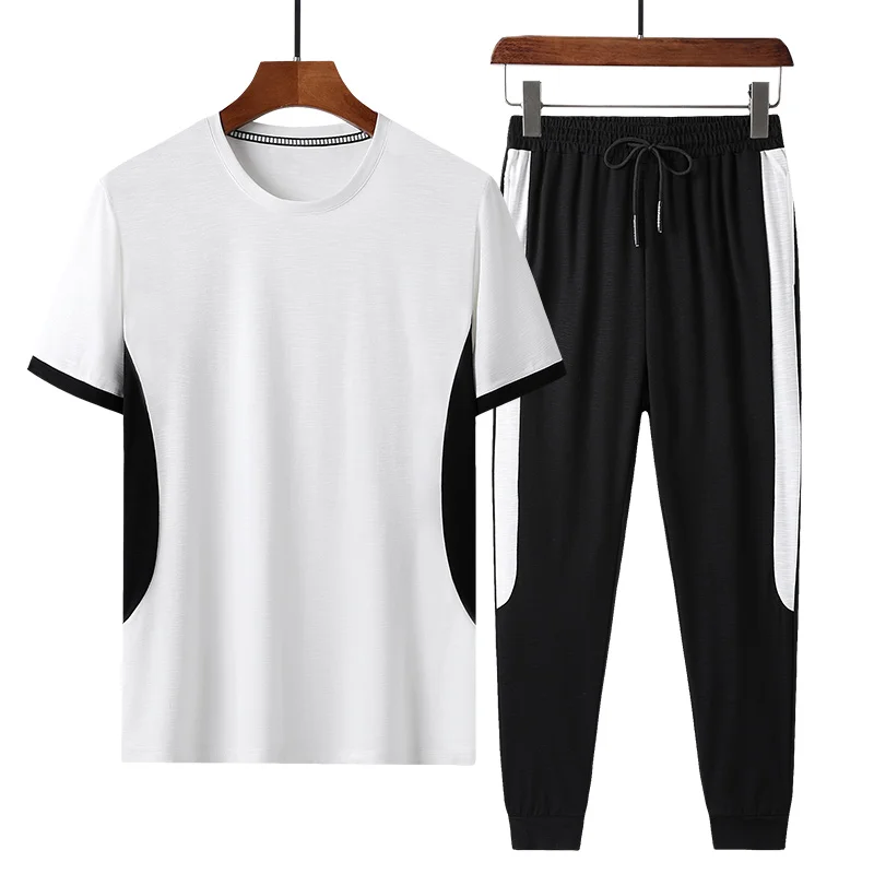 

New Summer Bamboo Cotton Splicing Men'S Short Sleeve T-Shirt Casual Sports Suit Men'S Fashion Two Piece Loose Pants Suit