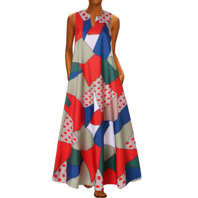 

Summer Women Print Sleeveless Pleated Long Dress Casual Loose Waist Retro V-neck Plus Size Street Ladies Dress